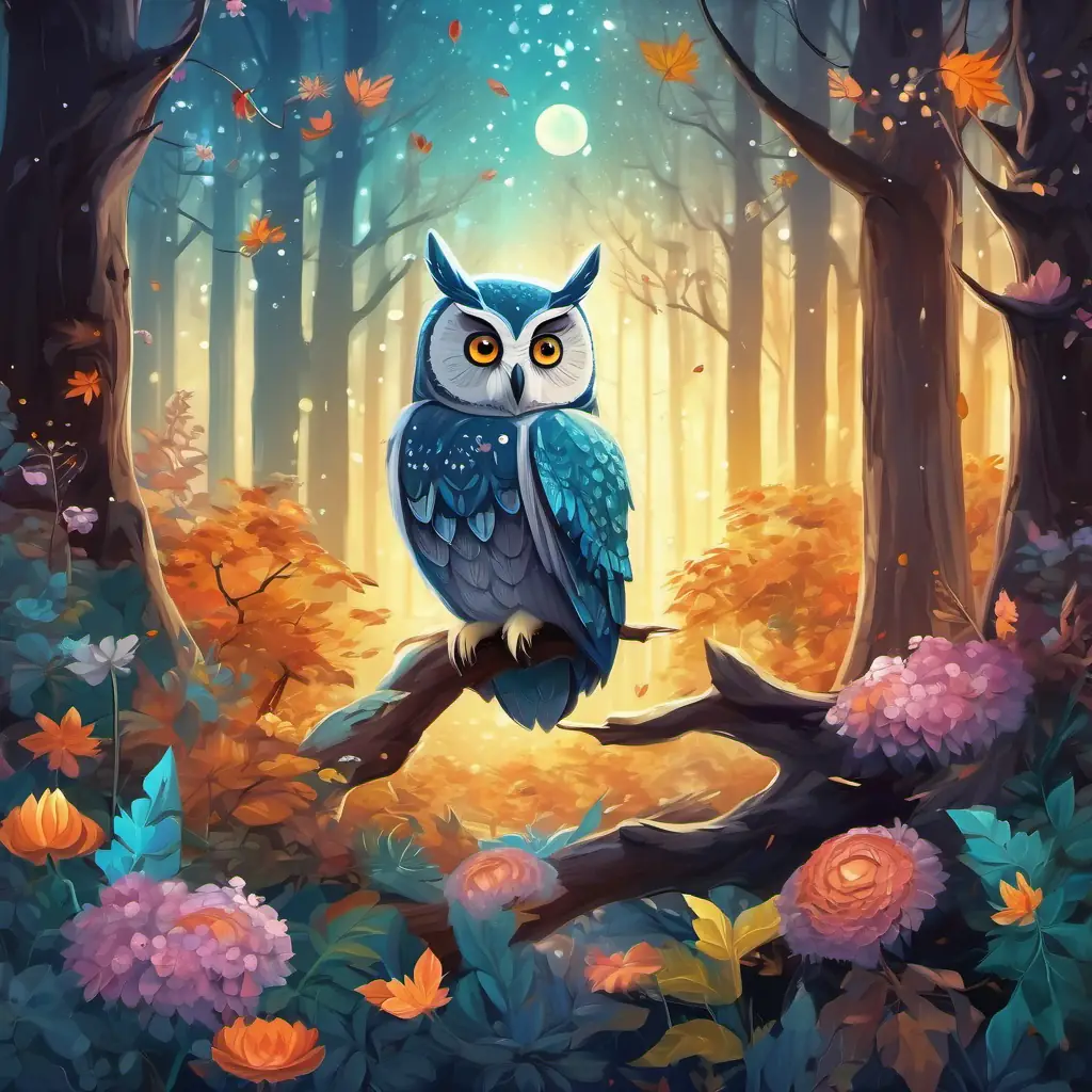 The story begins in a magical forest with tall trees, where Wise old owl with sparkling eyes and snow-white feathers the owl lives. The forest is filled with colorful flowers and chirping birds.