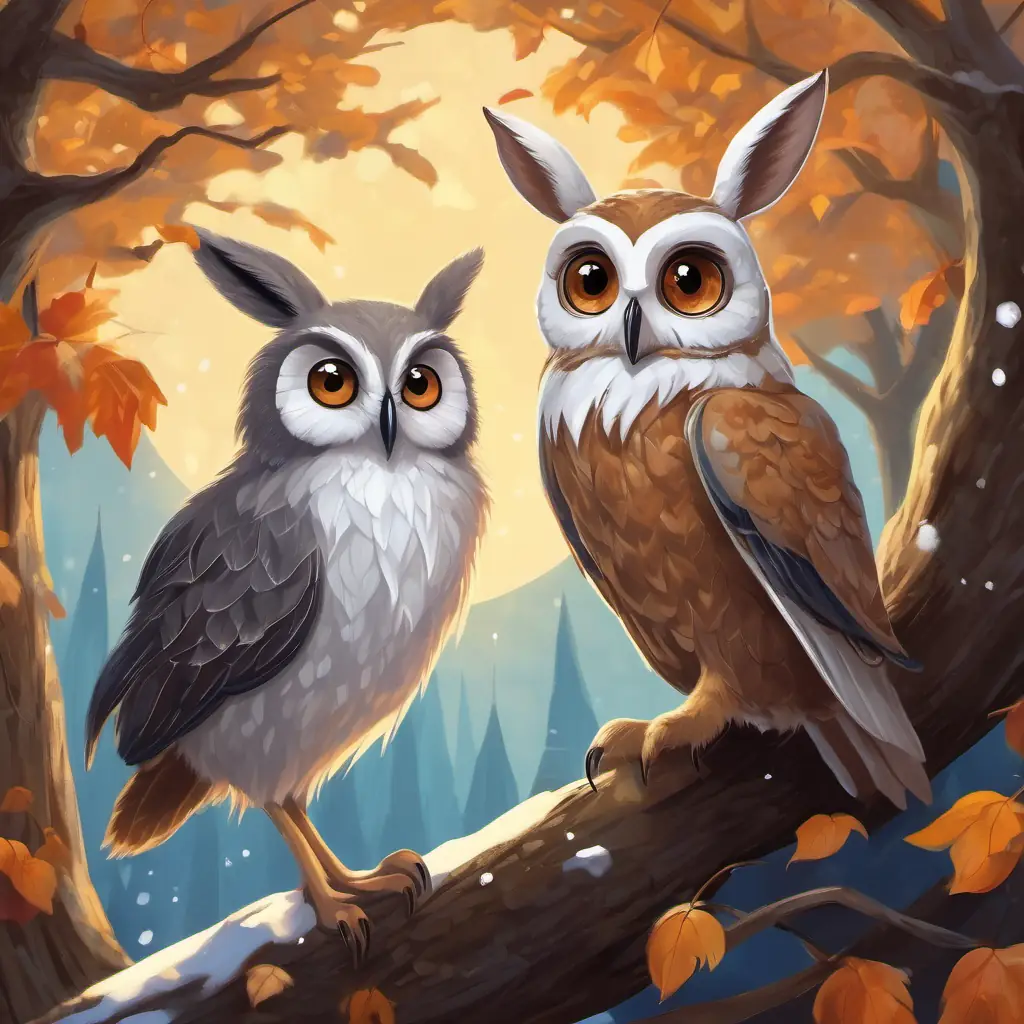 Young rabbit with soft, brown fur and big, curious eyes approaches Wise old owl with sparkling eyes and snow-white feathers, seeking advice. Wise old owl with sparkling eyes and snow-white feathers is perched on a tall tree branch, while Young rabbit with soft, brown fur and big, curious eyes looks at him with a mix of frustration and hope.