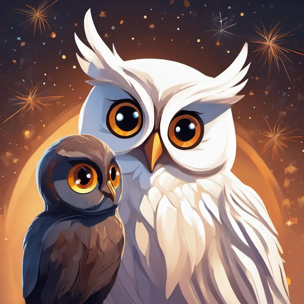 Wise old owl with sparkling eyes and snow-white feathers, the wise old owl, listens to Young rabbit with soft, brown fur and big, curious eyes's frustrations and offers wisdom. Young rabbit with soft, brown fur and big, curious eyes looks up at him, absorbing his advice with a glimmer of hope in her eyes.