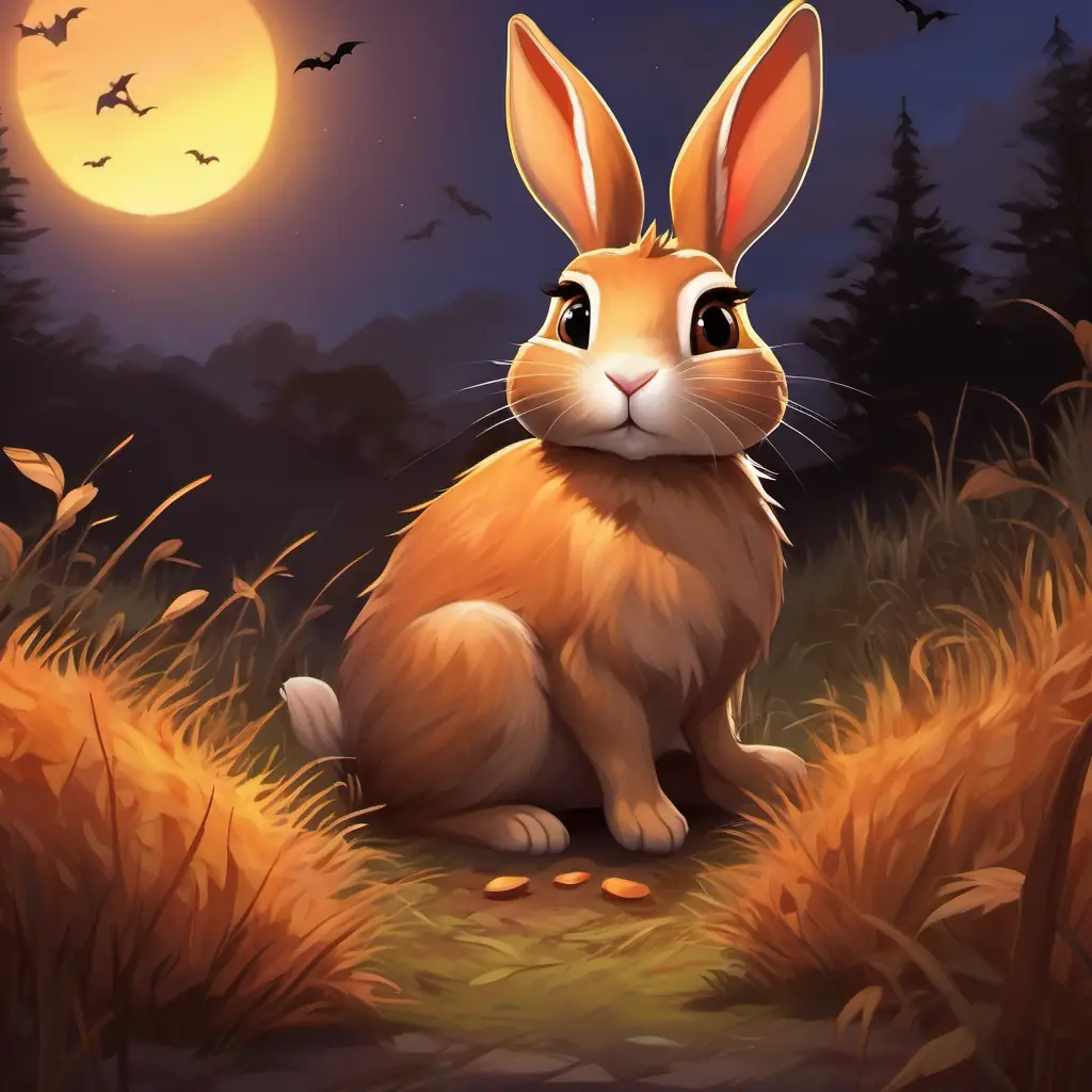 Young rabbit with soft, brown fur and big, curious eyes is seen working frantically on her burrow, determined to finish it quickly. The sun is setting, and there is a sense of urgency in the air.