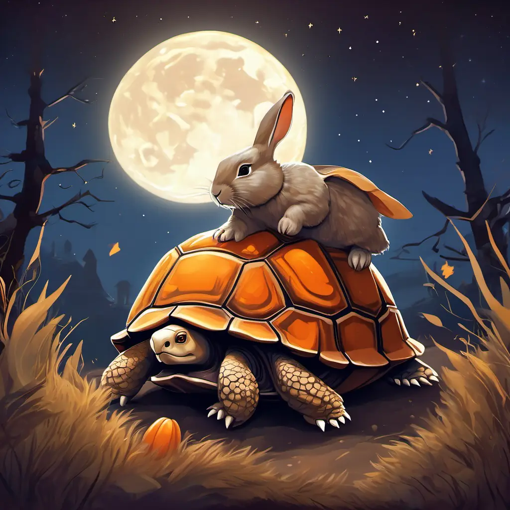 Young rabbit with soft, brown fur and big, curious eyes becomes tired and disheartened while the tortoise, Tortoise moving slowly with a calm and steady demeanor, works slowly and steadily on his burrow. The moon shines brightly in the night sky.