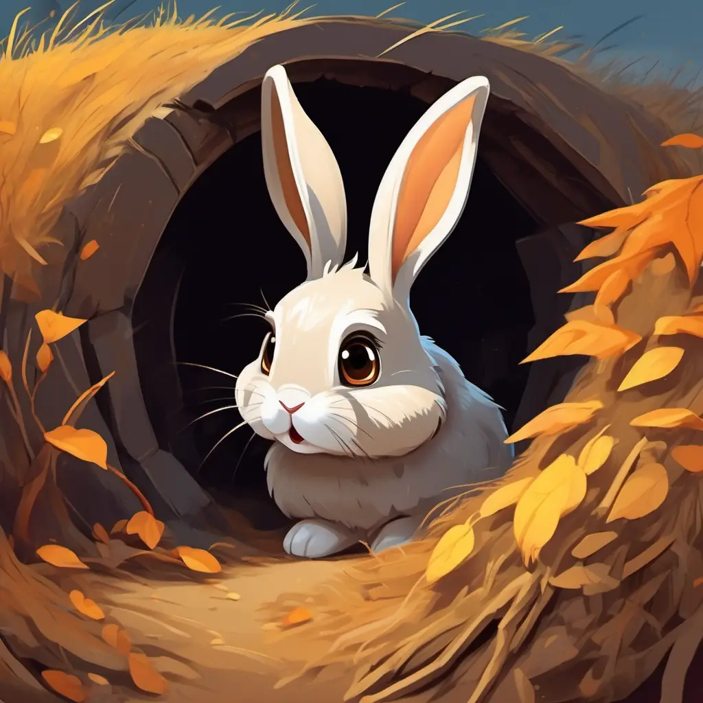 Young rabbit with soft, brown fur and big, curious eyes's burrow shows signs of haste and mistakes. She looks disappointed, realizing that rushing didn't result in a well-built burrow.