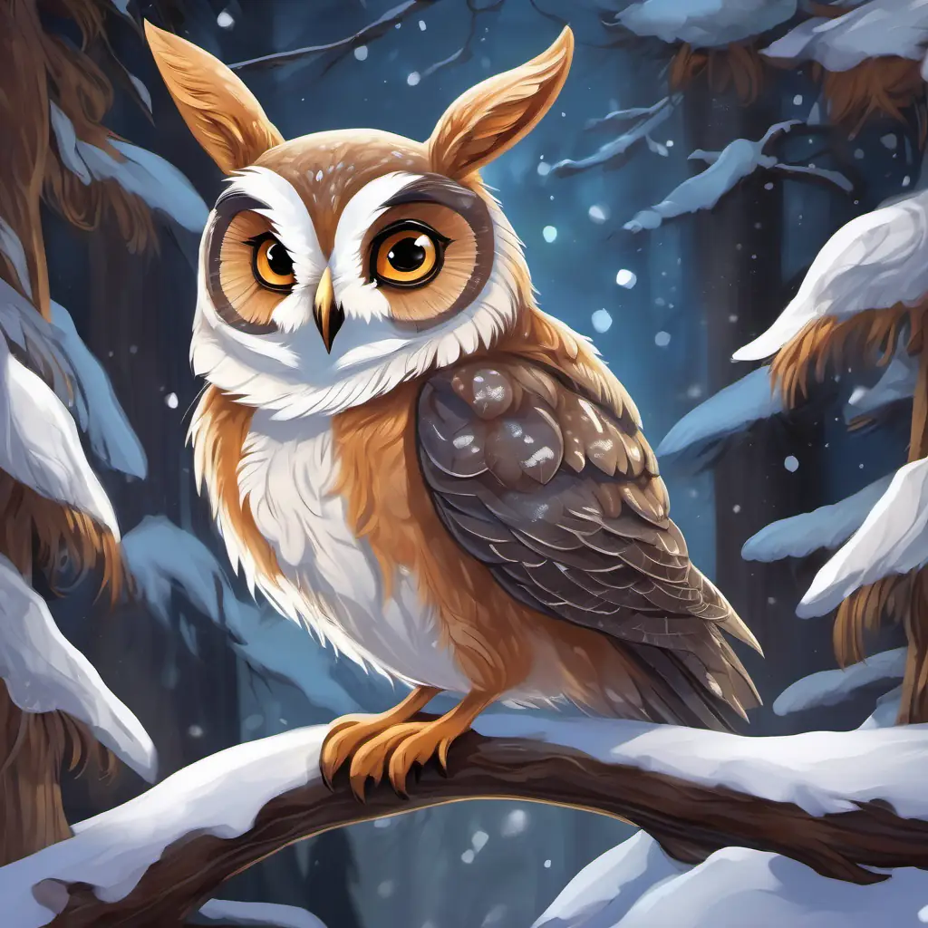 Young rabbit with soft, brown fur and big, curious eyes returns to Wise old owl with sparkling eyes and snow-white feathers with a patient and determined expression. Wise old owl with sparkling eyes and snow-white feathers, on the tree branch, has a knowing look in his eyes, ready to offer guidance.