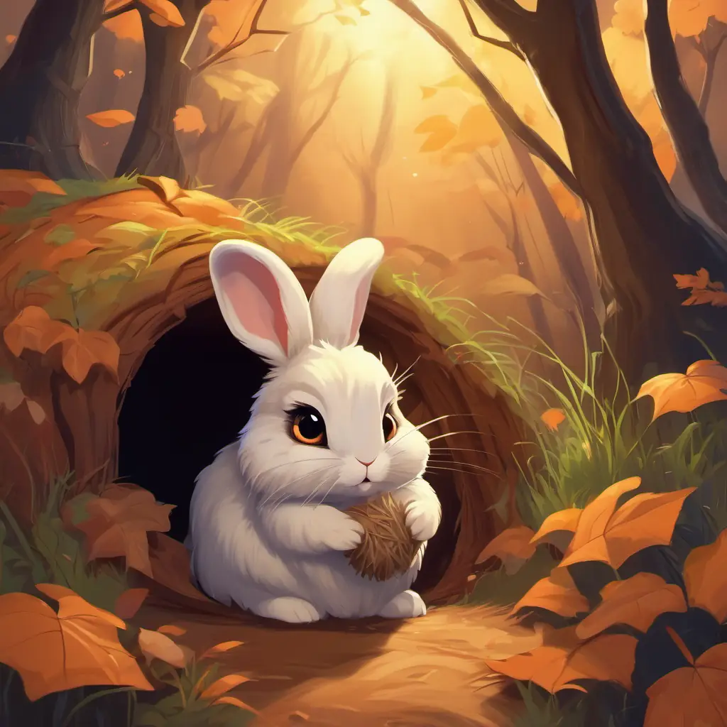 Young rabbit with soft, brown fur and big, curious eyes is shown slowing down and focusing on building her burrow carefully. She pays attention to every detail, ensuring a well-constructed burrow.