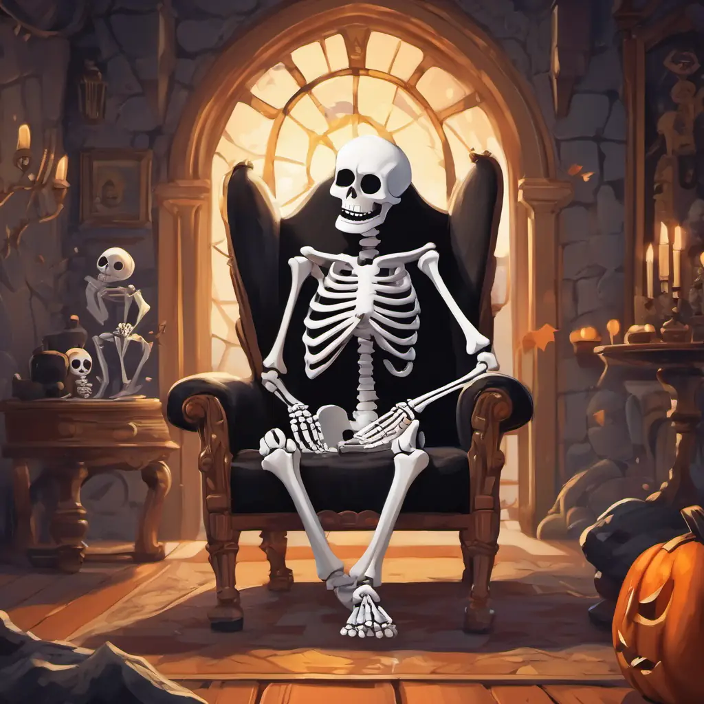 In a spooky old castle, Comical skeleton with white bones, black eyes, and a big smile, a comical skeleton with white bones, black eyes, and a big smile, sits on a creaky chair.