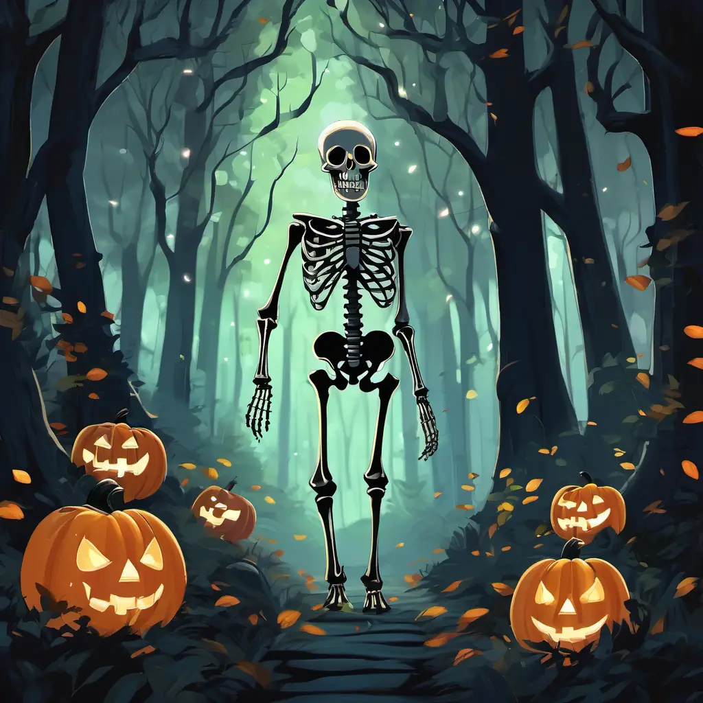 Comical skeleton with white bones, black eyes, and a big smile walks through a dark forest with tall trees and glowing eyes peeking out.