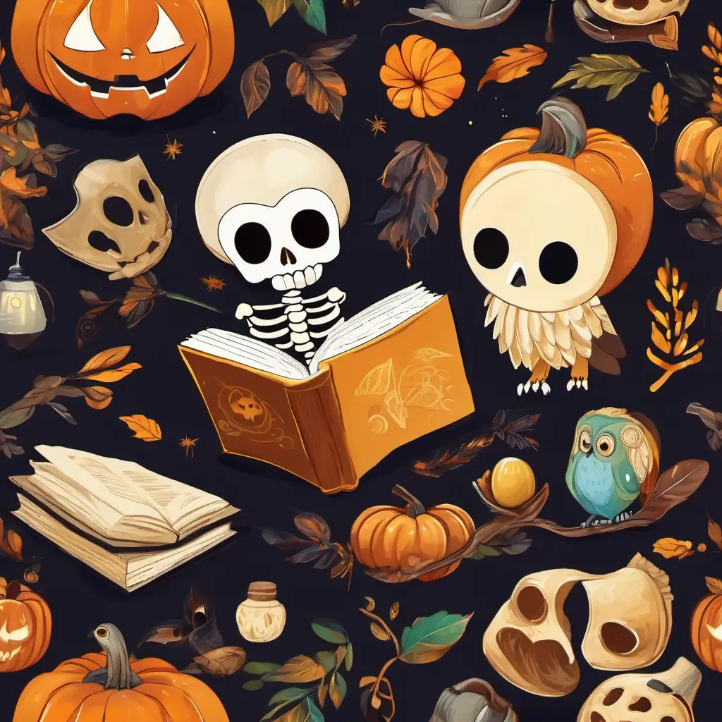 Comical skeleton with white bones, black eyes, and a big smile and Friendly owl with brown feathers and big round eyes find the old book with colorful illustrations of different bones.