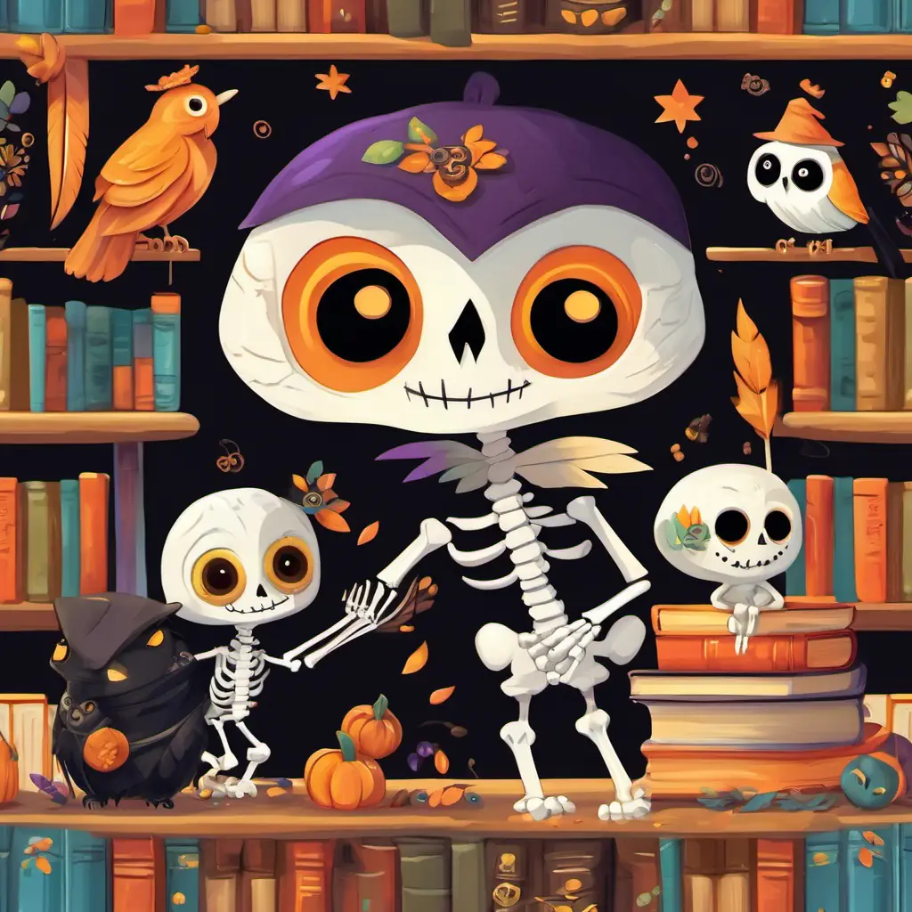 Comical skeleton with white bones, black eyes, and a big smile and Friendly owl with brown feathers and big round eyes give each other a high-five, surrounded by colorful books and bones.