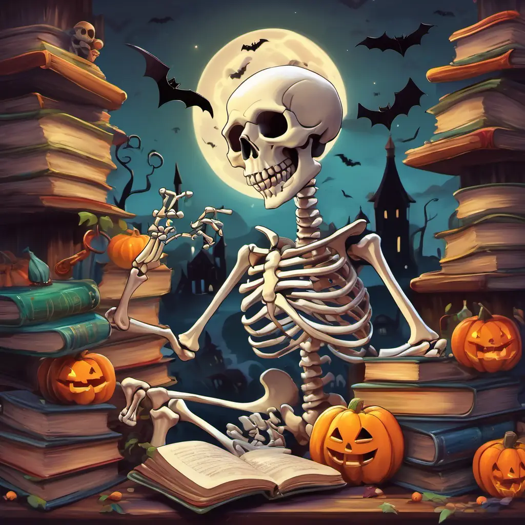 Comical skeleton with white bones, black eyes, and a big smile stands on a pile of books, pointing at different colorful illustrations of bones.
