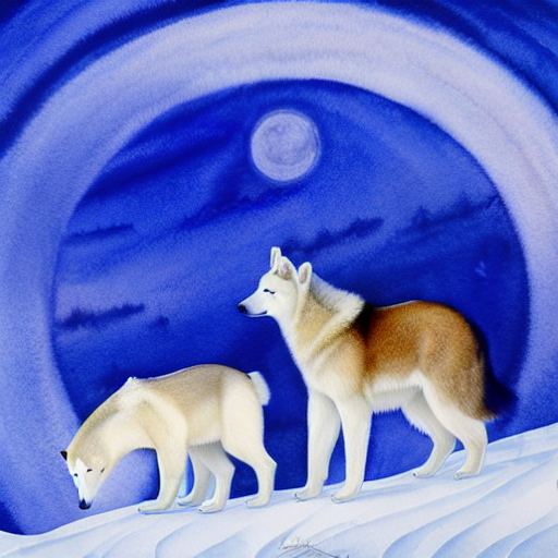 Artemis and Luna with polar bears in snowy mountains