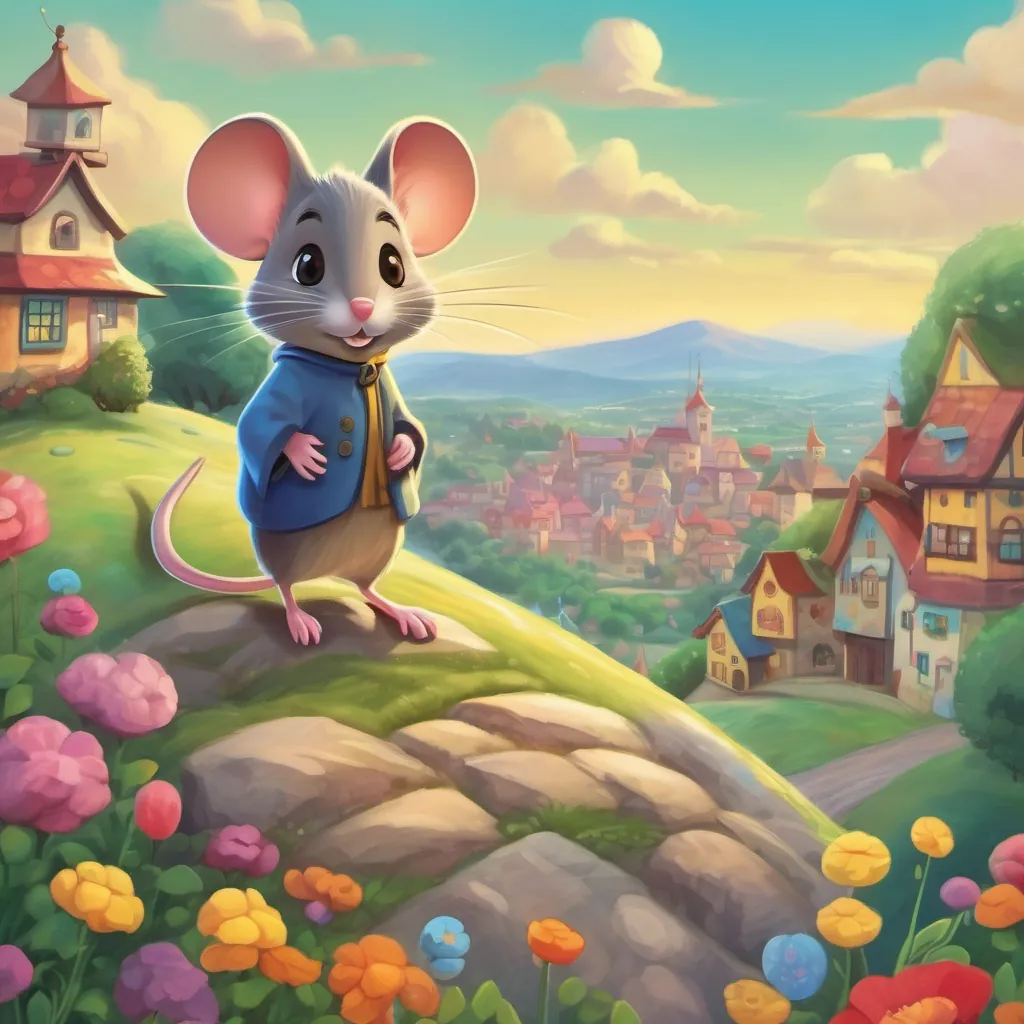 A bright-eyed mouse with whiskers standing atop a hill in a colorful, whimsical town