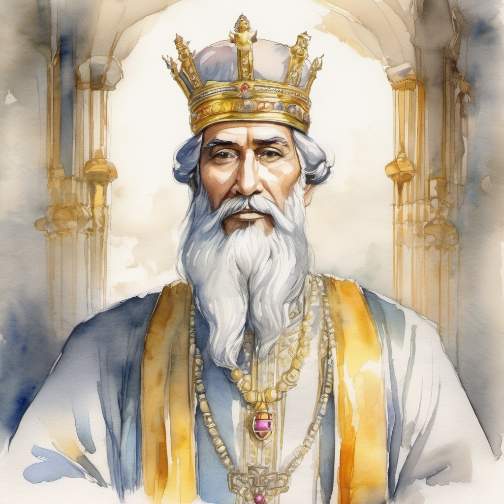 Enchanting emperor with a golden crown and wise eyes. with a worried look, inviting Clever advisor with a turban and a knowing smile.
