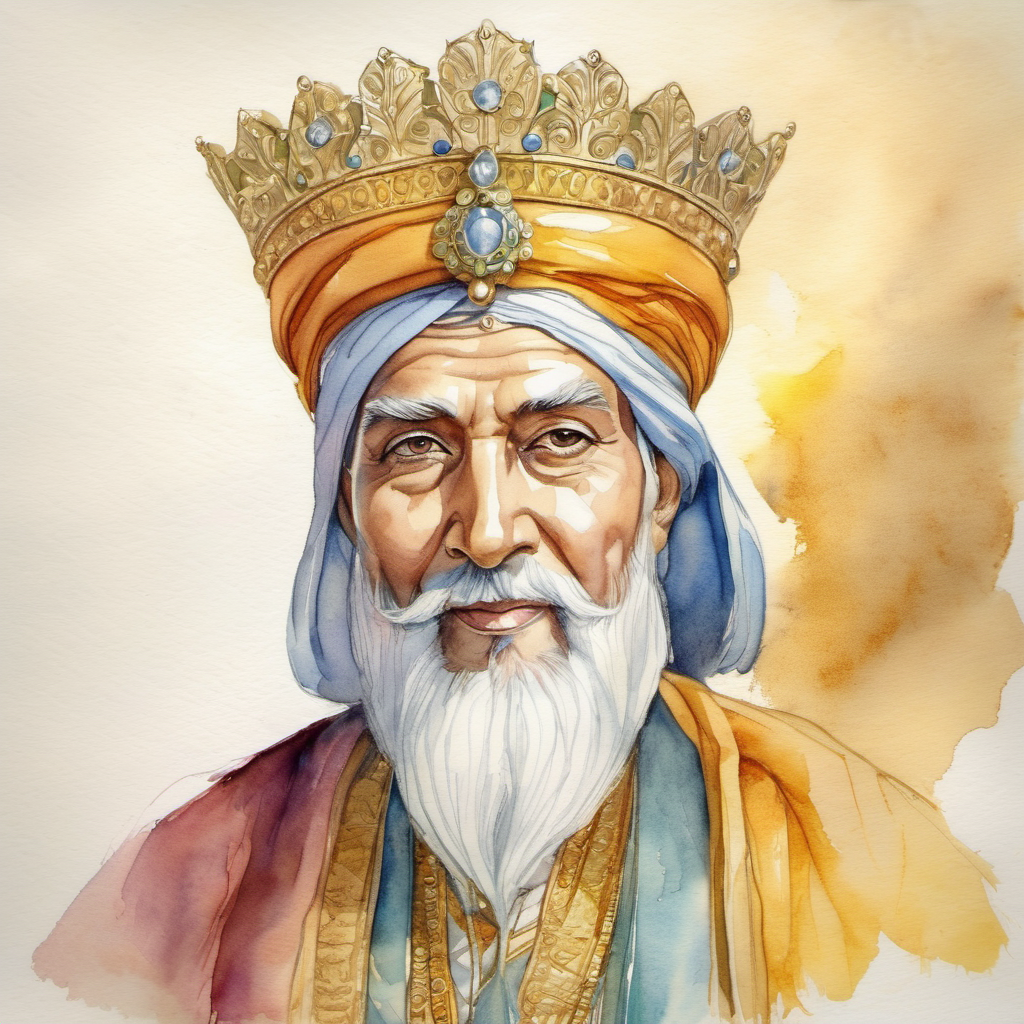 Enchanting emperor with a golden crown and wise eyes. explaining, Clever advisor with a turban and a knowing smile. listening attentively
