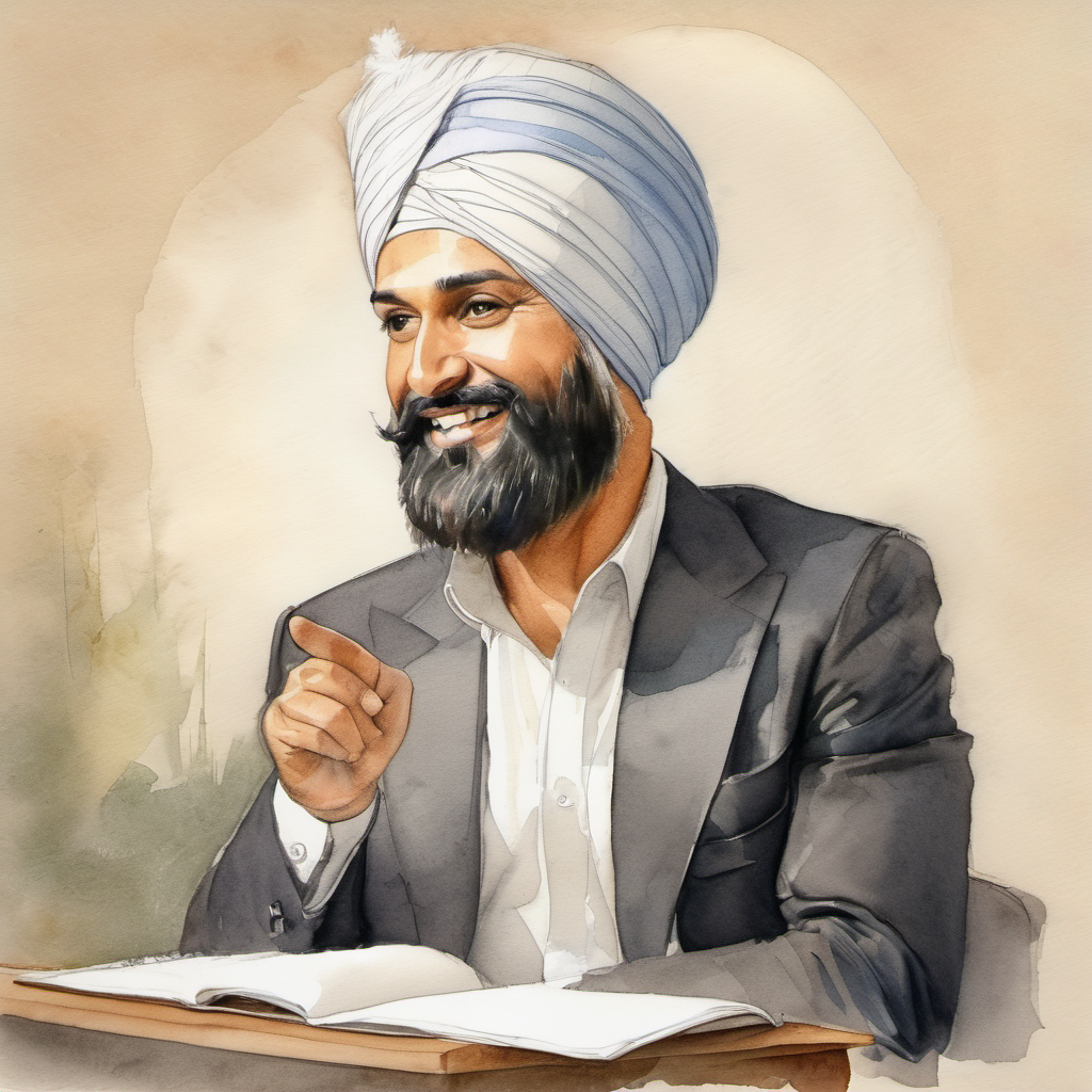 Clever advisor with a turban and a knowing smile. explaining his approach
