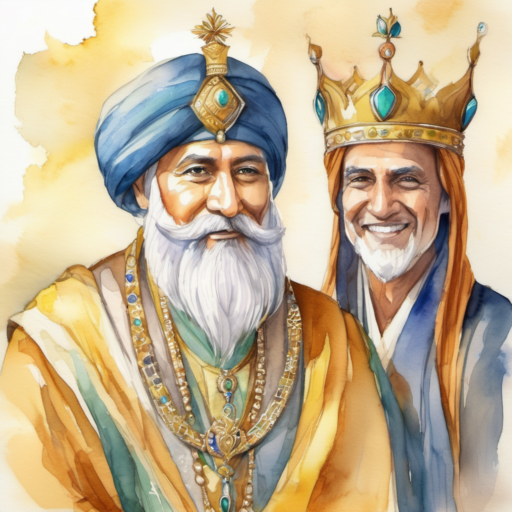 Enchanting emperor with a golden crown and wise eyes. and Clever advisor with a turban and a knowing smile. working together, solving problems