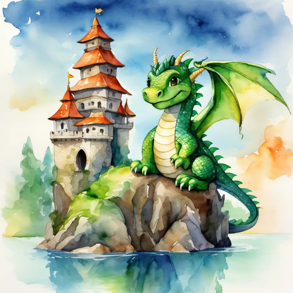 A picture of Friendly dragon with green scales and kind eyes, a friendly dragon with green scales, sitting inside his floating castle in the sky