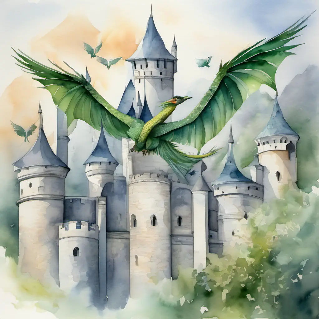 A picture of a flock of Birds with long necks and feathers in different shades of gray flying in a V shape, with Friendly dragon with green scales and kind eyes watching them from his castle window