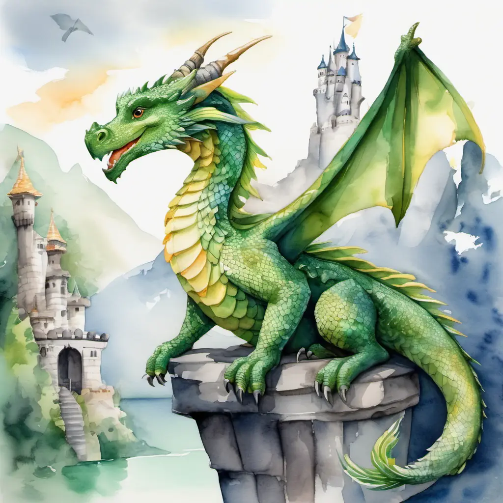 A picture of Friendly dragon with green scales and kind eyes calling out to the Birds with long necks and feathers in different shades of gray and inviting them to rest on his floating castle