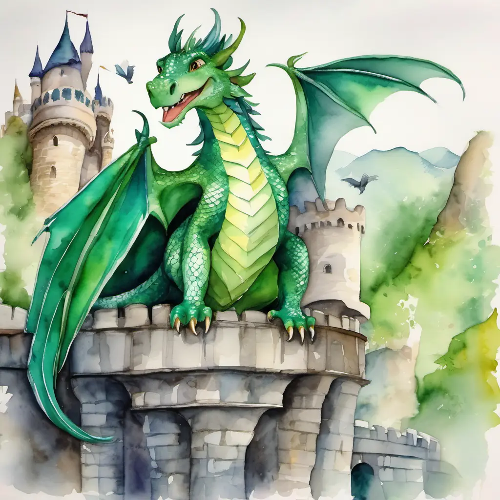 A picture of Friendly dragon with green scales and kind eyes and the Birds with long necks and feathers in different shades of gray happily talking on the castle, with Friendly dragon with green scales and kind eyes listening attentively