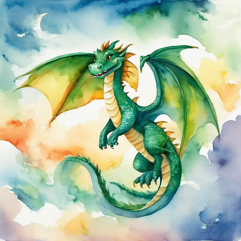A picture of Friendly dragon with green scales and kind eyes flying confidently in the sky, with a big smile on his face