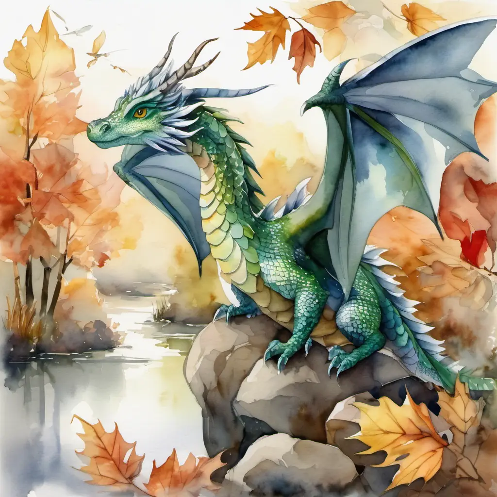 A picture of Friendly dragon with green scales and kind eyes flying alongside the Birds with long necks and feathers in different shades of gray, with a beautiful autumn landscape in the background