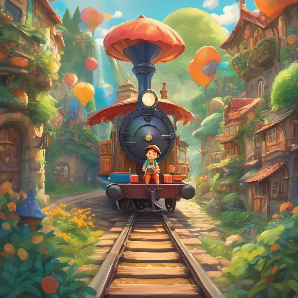 A whimsical young boy named A curious young boy filled with wonder and imagination, wearing colorful clothes and a cap, embodying a sense of playfulness boarding an eccentric train, surrounded by cartoonish landscapes and whimsical colors.