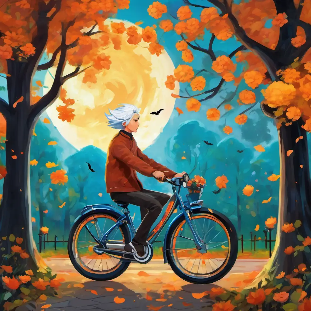 Strong leader with sleek silver hair and piercing gaze, radiating authority teaches Curious, energetic teen with jet-black hair and striking blue eyes to ride a bike in Gorky Park, where colorful flowers bloom and families play in the distance.