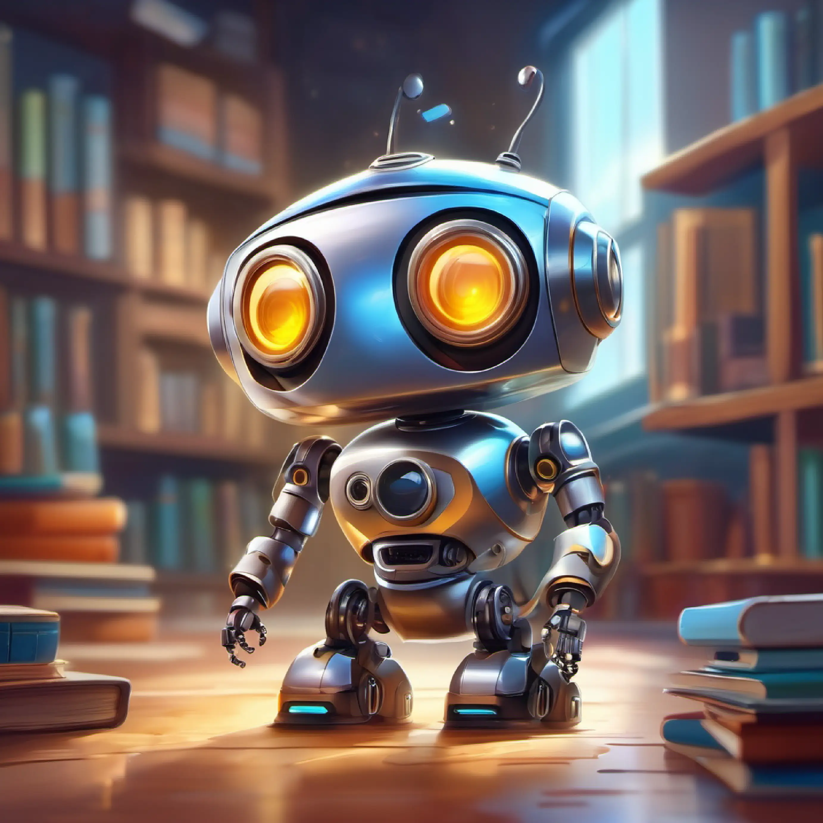 Introduction of Little smart robot, with bright eyes, made from shiny metal in Knowledgeville, a place of learning.