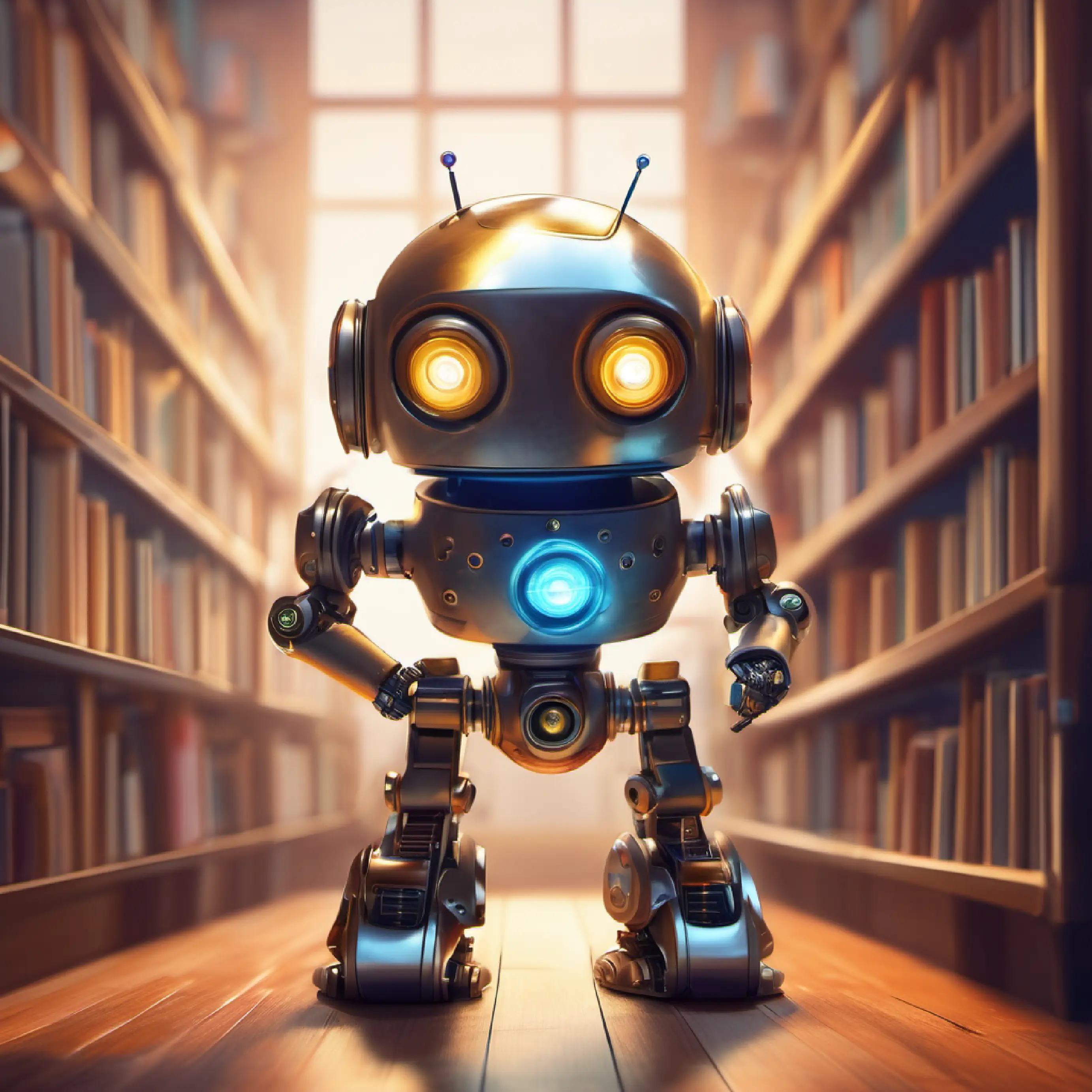 Little smart robot, with bright eyes, made from shiny metal's daily visit to Knowledgeville's Great Library.