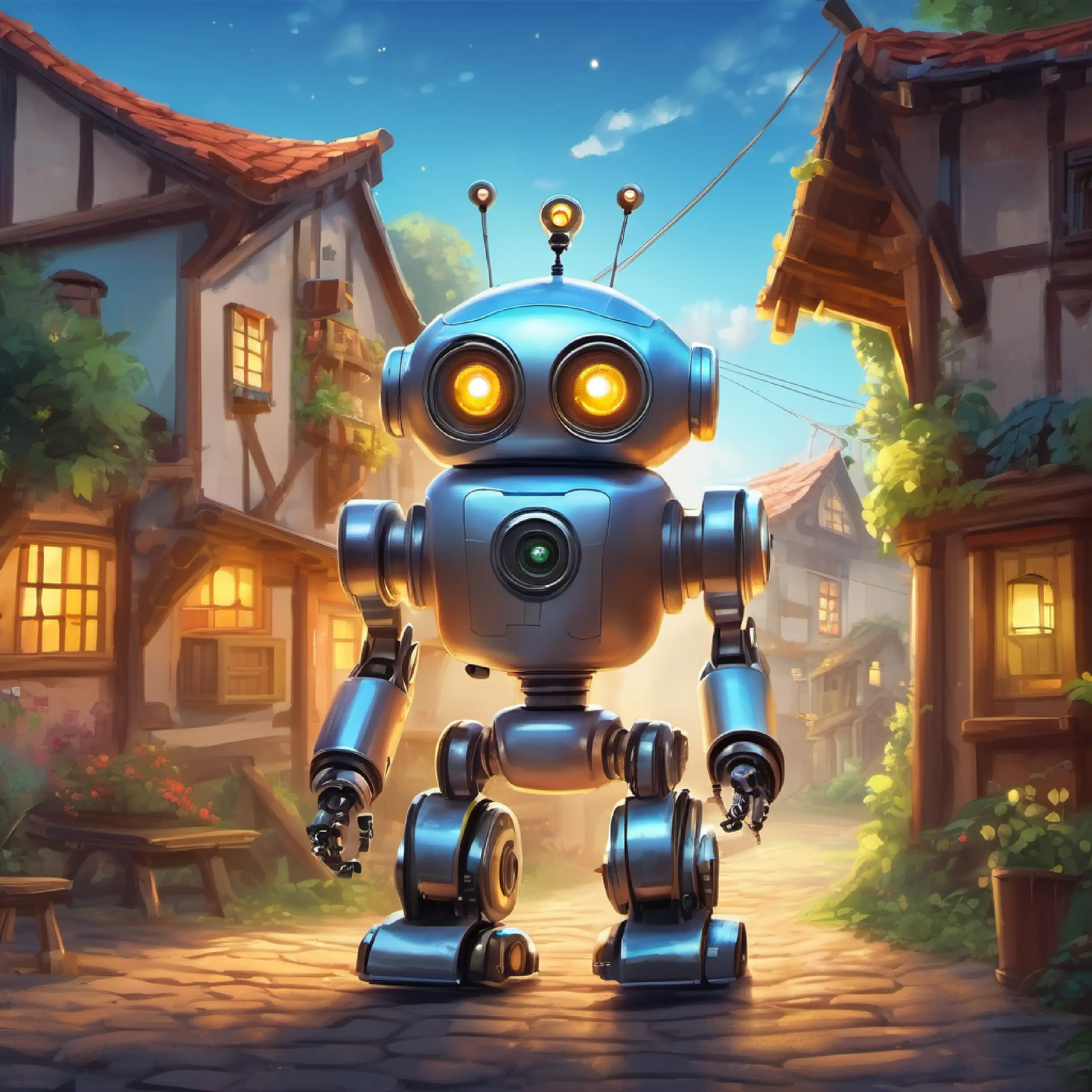 Little smart robot, with bright eyes, made from shiny metal decides to help the village children learn.