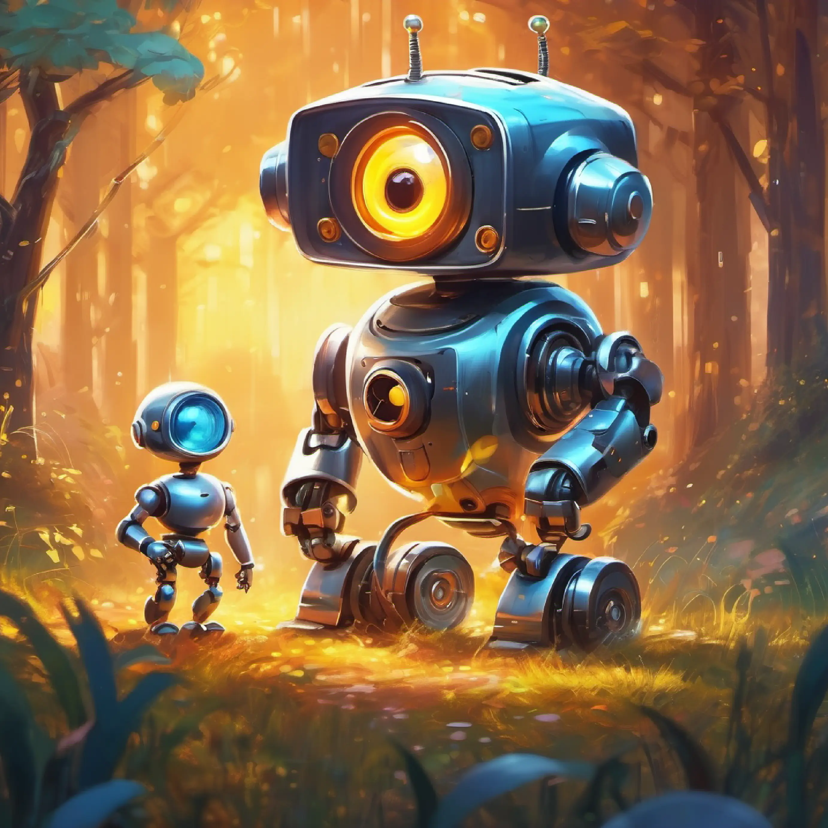 Little smart robot, with bright eyes, made from shiny metal starts helping and interacting with the children.