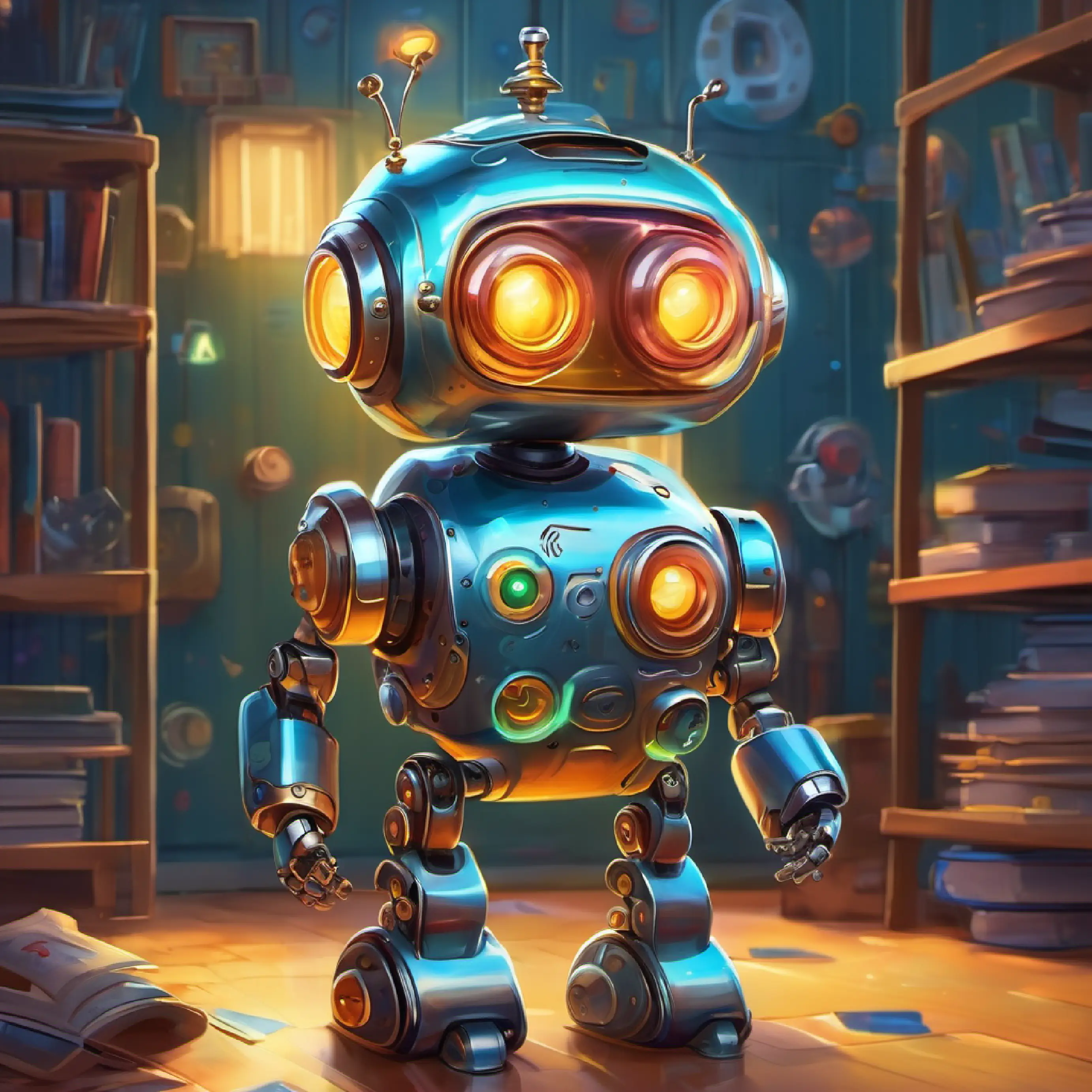 A special school is created for Little smart robot, with bright eyes, made from shiny metal's learning activities.