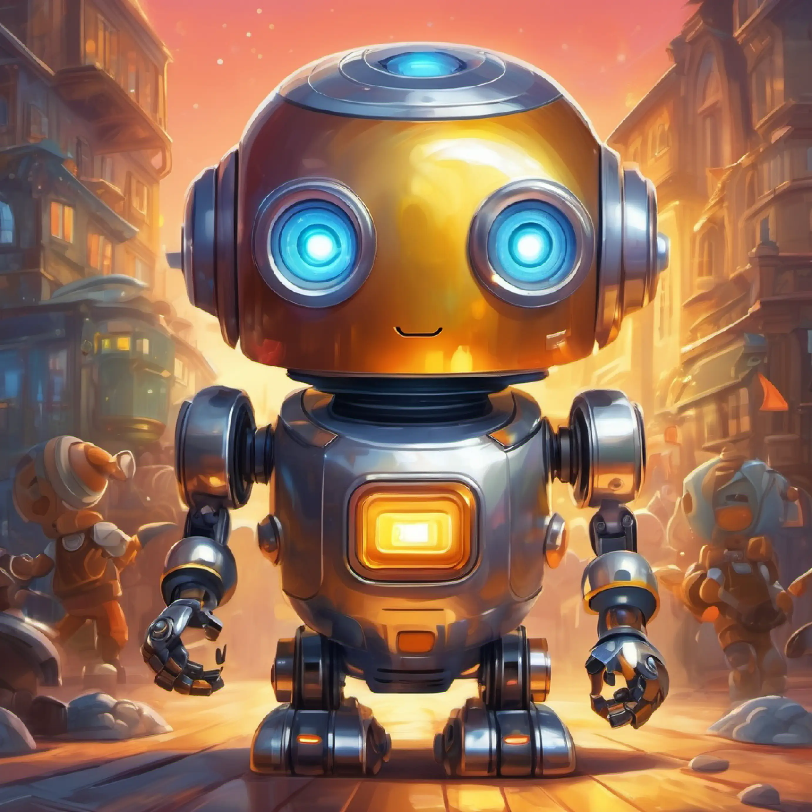 The children thank Little smart robot, with bright eyes, made from shiny metal and celebrate his help.