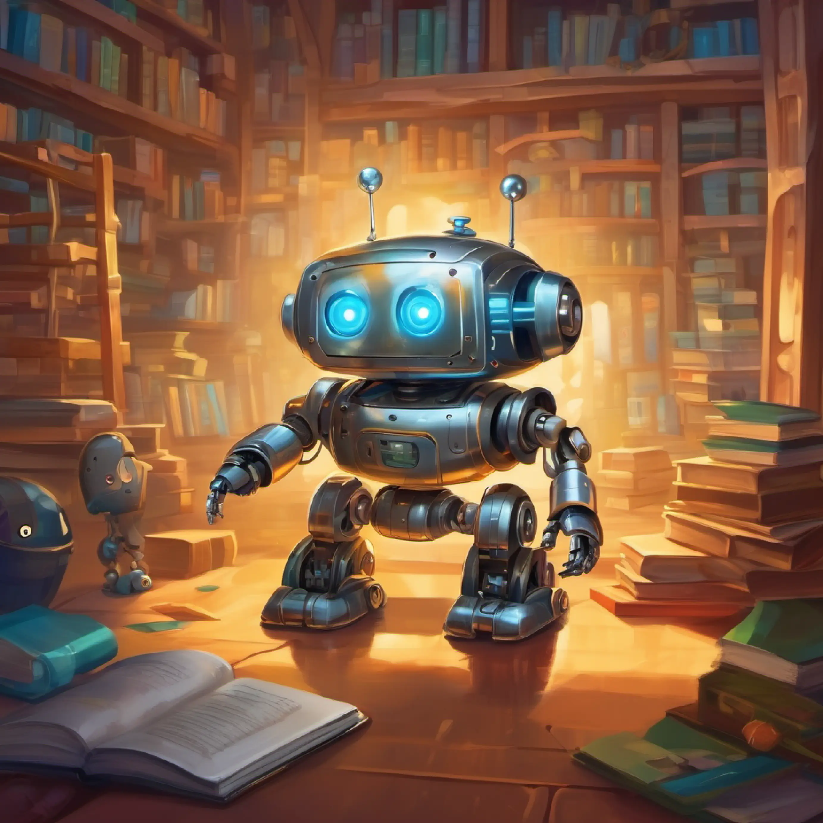 Final page where Little smart robot, with bright eyes, made from shiny metal and children have a future of continued learning.
