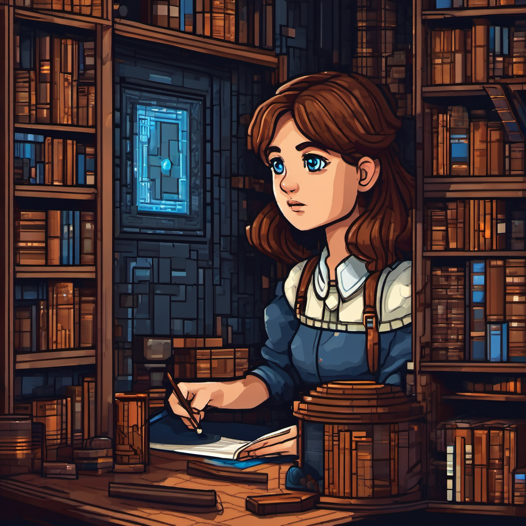 Curious, brave girl with brown hair and blue eyes listening to rumors about cursed room