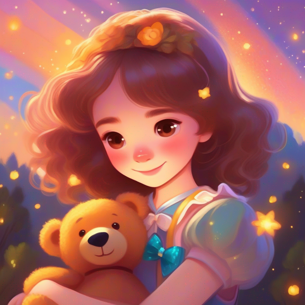 A girl with hair as bright as the sun, wearing a colorful dress hugging A teddy bear with soft brown fur and a cute bow tie, magical sparkles all around
