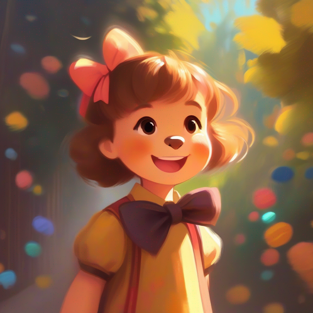 A teddy bear with soft brown fur and a cute bow tie talking and moving, A girl with hair as bright as the sun, wearing a colorful dress smiling