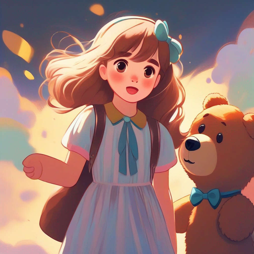 A girl with hair as bright as the sun, wearing a colorful dress's friends looking surprised, A teddy bear with soft brown fur and a cute bow tie sad