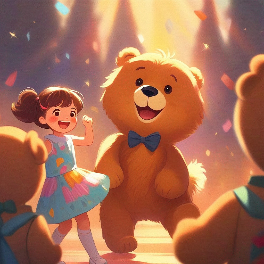 A girl with hair as bright as the sun, wearing a colorful dress cheering up A teddy bear with soft brown fur and a cute bow tie, both smiling
