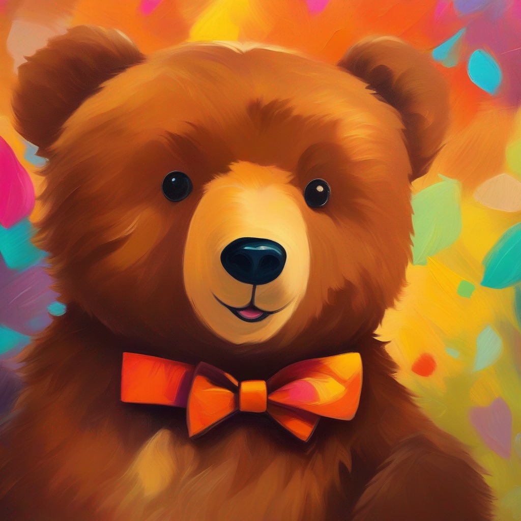 A teddy bear with soft brown fur and a cute bow tie embracing his uniqueness, colorful background