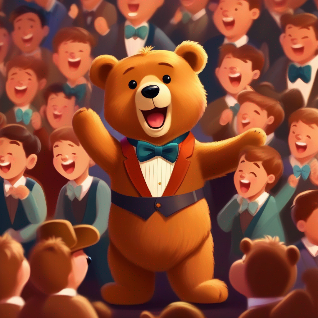 A teddy bear with soft brown fur and a cute bow tie singing, dancing, and telling jokes, audience clapping