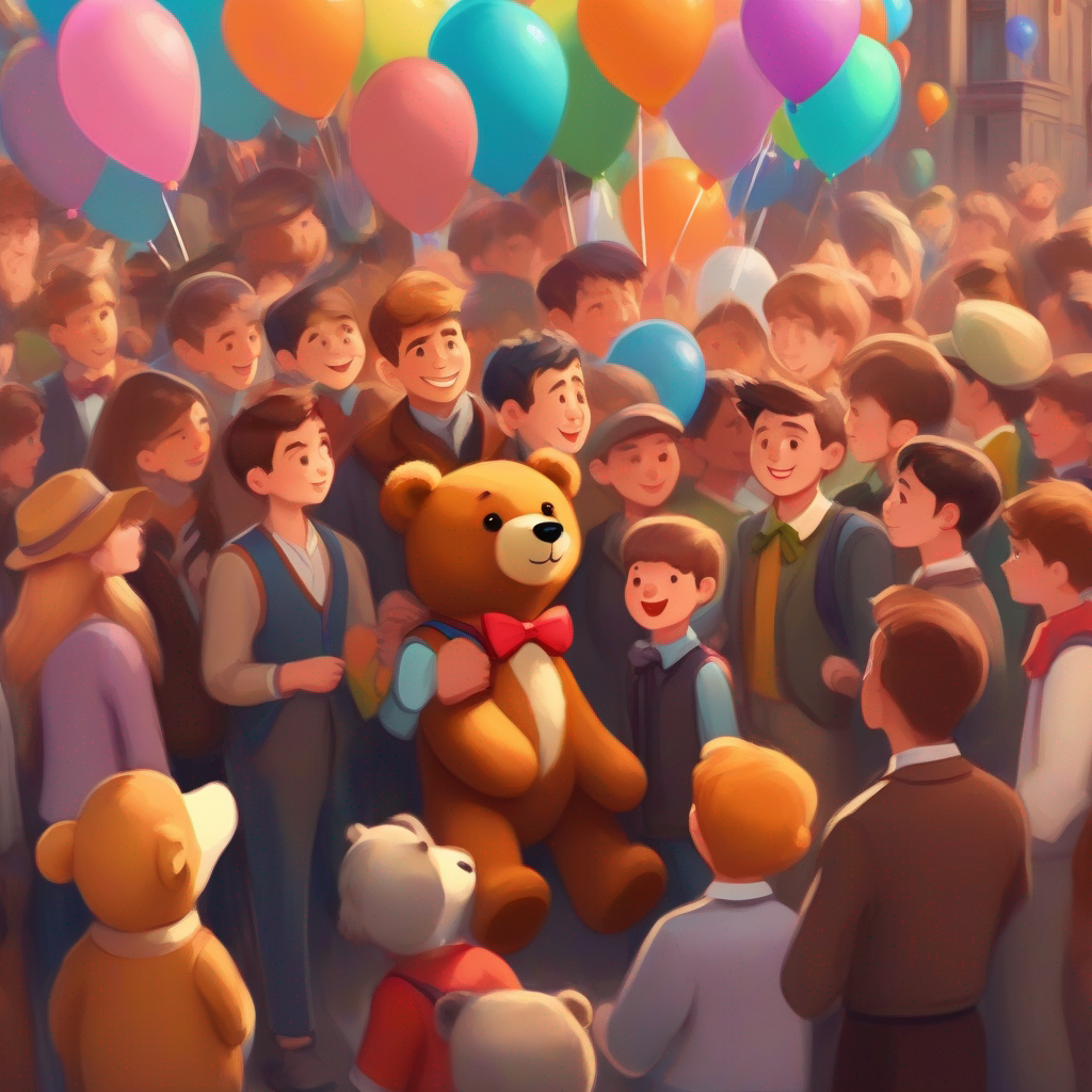 Town people gathering around A teddy bear with soft brown fur and a cute bow tie, colorful balloons