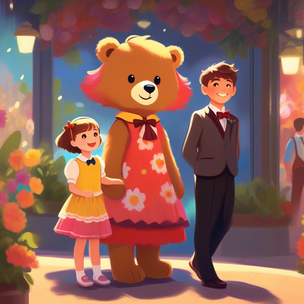 A teddy bear with soft brown fur and a cute bow tie and A girl with hair as bright as the sun, wearing a colorful dress standing tall, confident smiles