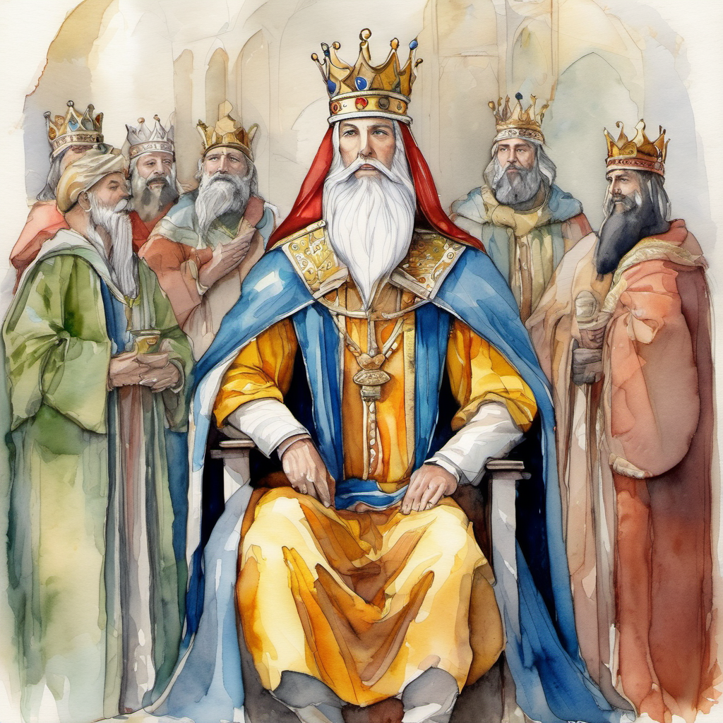 The A wise king with a crown and a kind face talking to his happy subjects