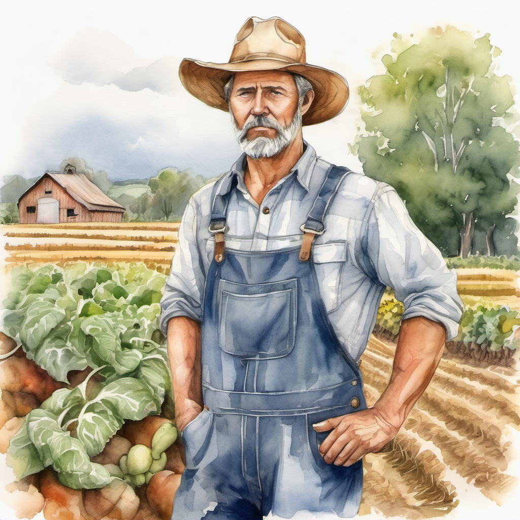 The A hardworking farmer with a hat and overalls with a sad face