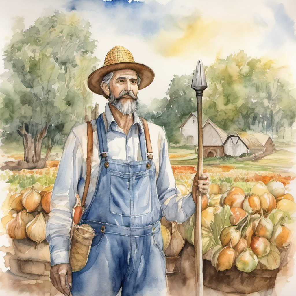 The A hardworA wise king with a crown and a kind face farmer with a hat and overalls asking for help