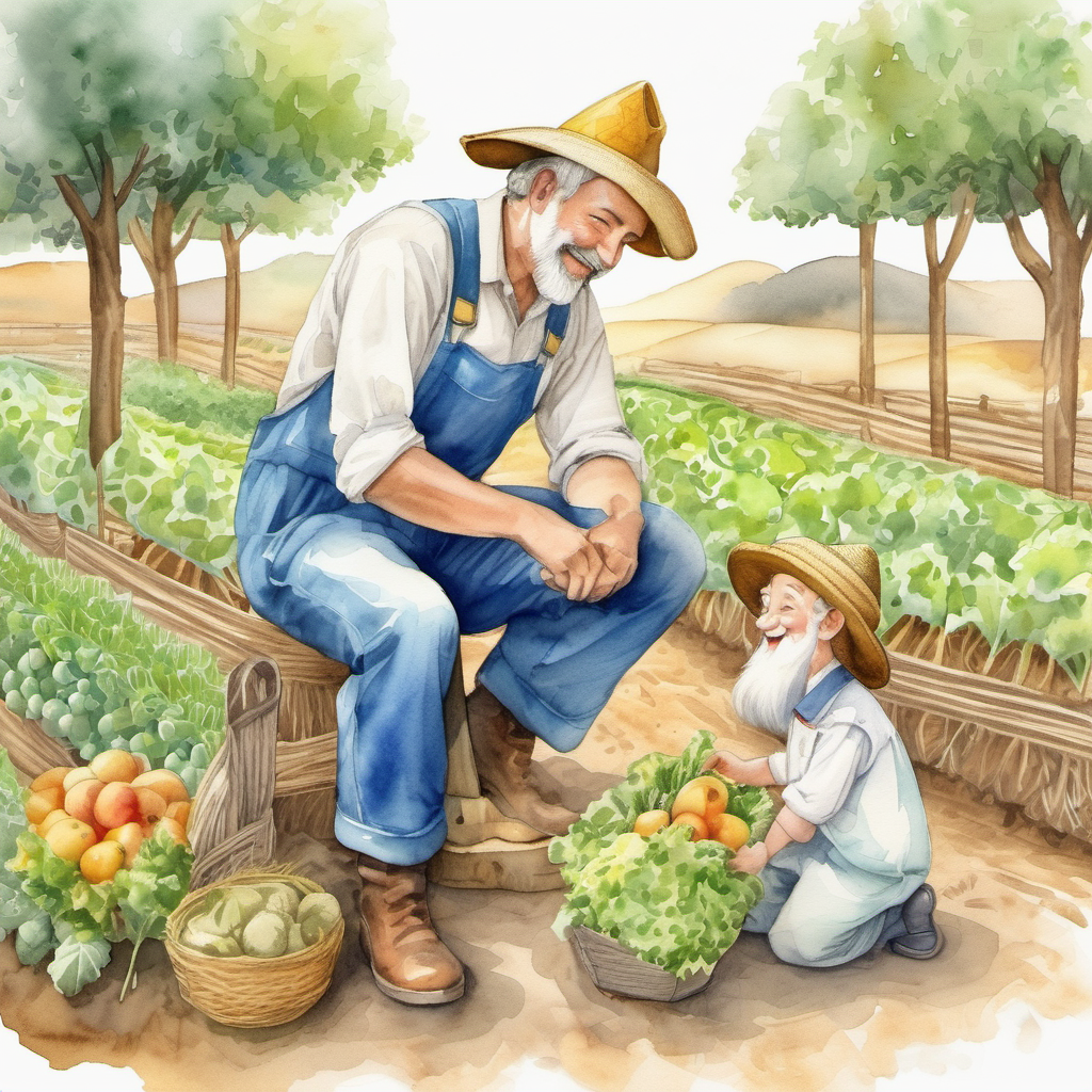 The A hardworking farmer with a hat and overalls smiling and bowing to the A wise king with a crown and a kind face