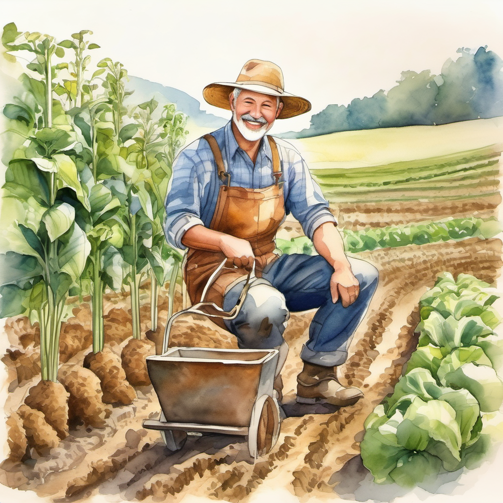 The A hardworking farmer with a hat and overalls planting crops happily