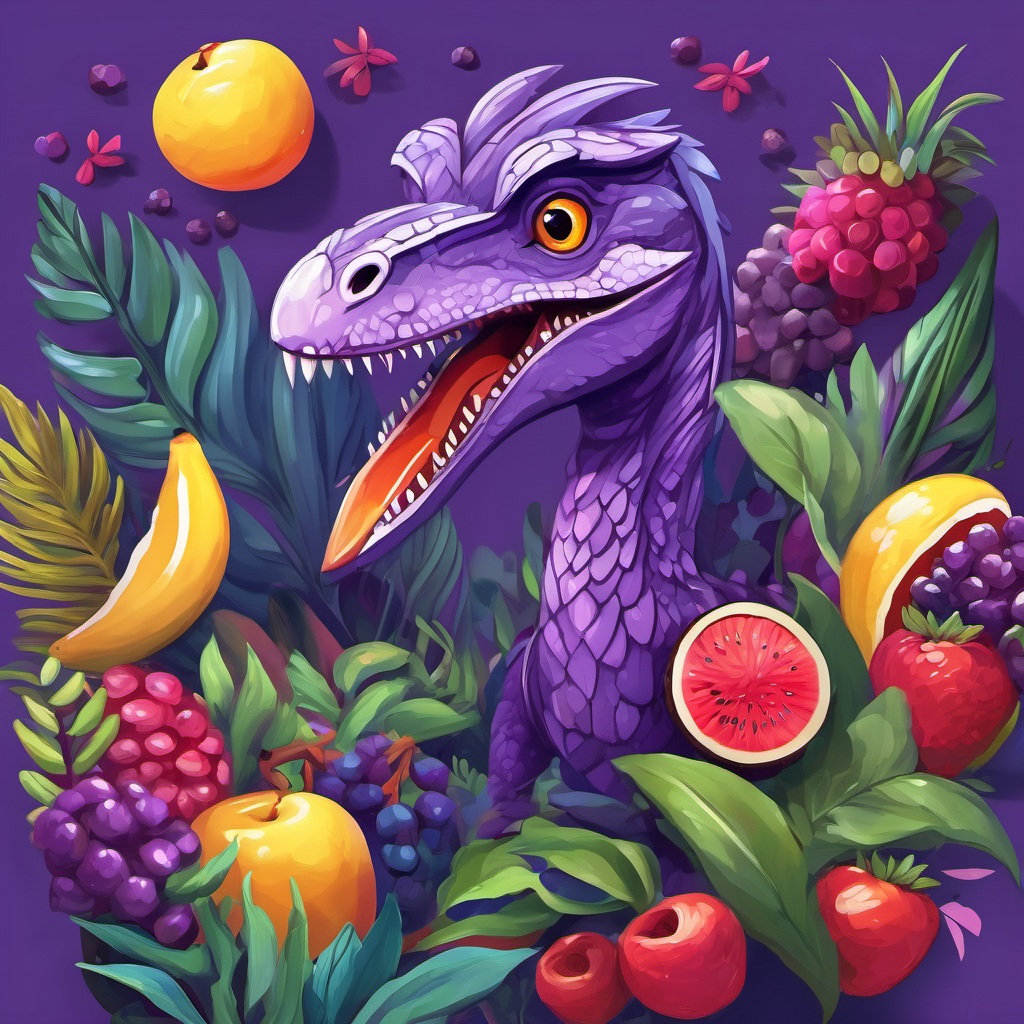 Illustration of Purple velociraptor with kind eyes and a friendly smile, a purple velociraptor, surrounded by colorful plants and fruits.