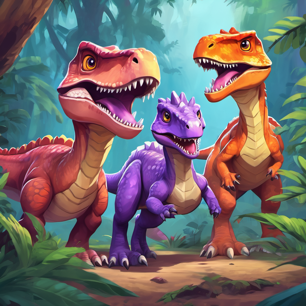 Illustration of Purple velociraptor with kind eyes and a friendly smile's friends, T-Rex, Triceratops, and Stegosaurus, laughing at her.